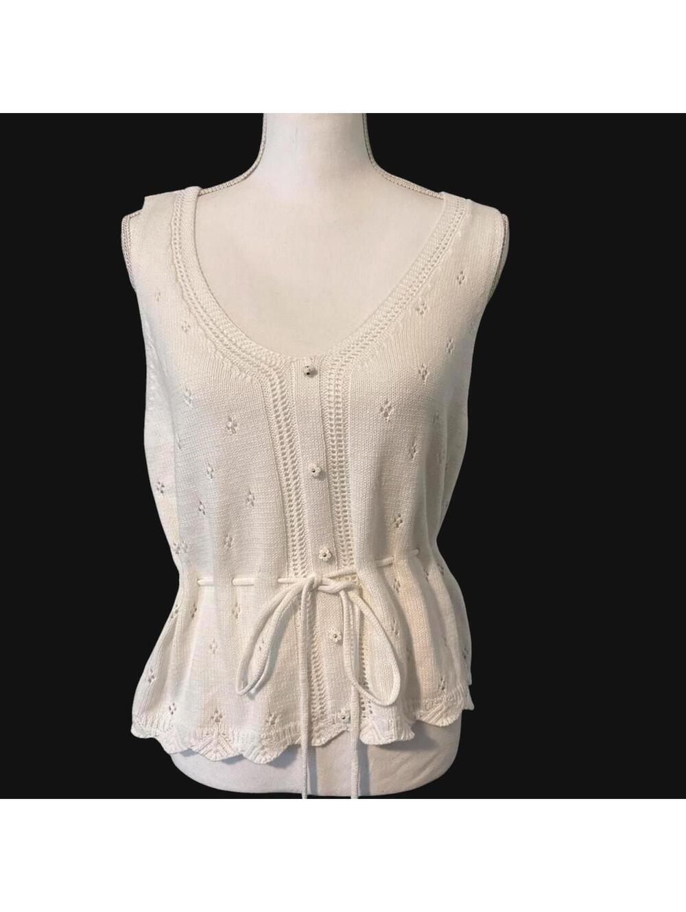 Altar'd State White Pointelle Knit Vest XL Sleeveless Button Front Tie Waist